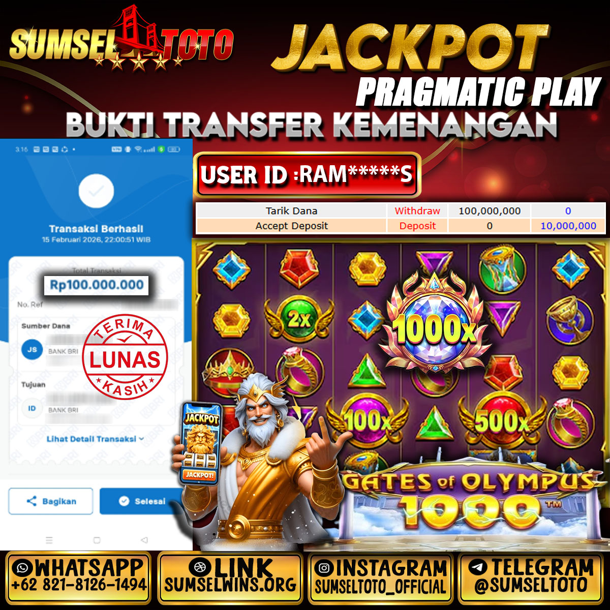 SUMSELTOTO JACKPOT GATES OF OLYMPUS 1000 Rp.100,000,000.,- LUNAS